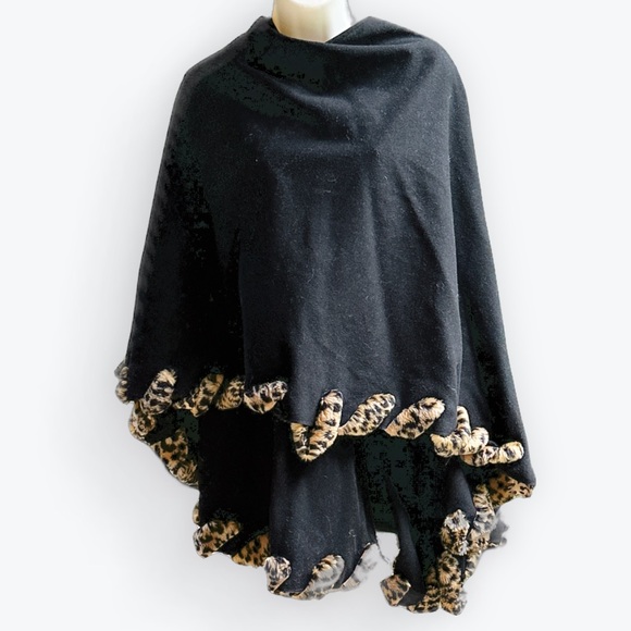 Vintage “Fur-Trim” Black Wrap Cardigan Cape Coat Leopard Lena Gabrielle ~Unsized - Picture 2 of 9